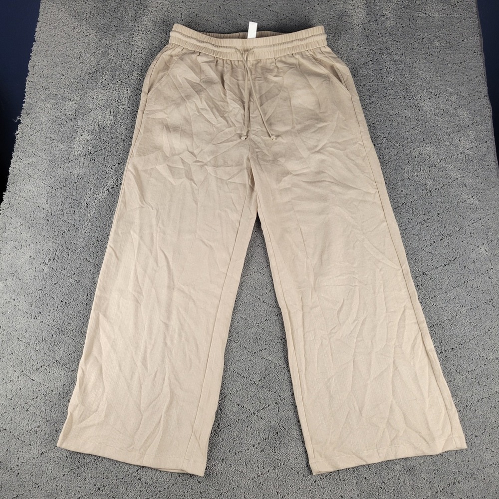 Halara Pants Womens L Beige Wide Leg High Rise Pull On Elastic Waist Lagenlook